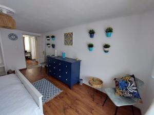 Margit Ház في Nemesbük: غرفة معيشة مع خزانة زرقاء والنباتات على الحائط