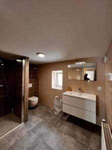La salle de bains est pourvue d'une baignoire, de toilettes et d'un lavabo. dans l'établissement La Maison Alsacienne, à Morschwiller-le-Bas