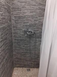 y baño con ducha con cabezal de ducha. en Bungalow agéable et confortable, parking securisé, en Vieux-Habitants