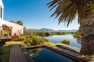 uma piscina com uma palmeira junto a um lago em Vlei Cove em Cidade do Cabo