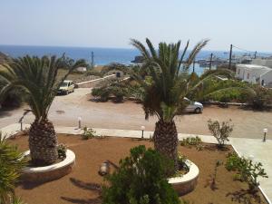 two palm trees in a parking lot near the ocean at Sea Melody in Lefkos Karpathou