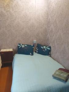 a bed with two blue pillows in a room at Talsu nov Kolka Kopmītne 1-18 in Kolka