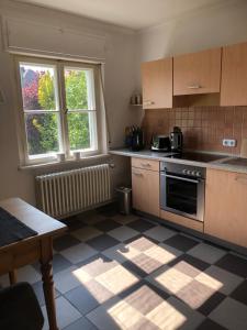 a kitchen with a sink and a stove top oven at Ferienwohnung Beim Bienagassl in Waldsassen