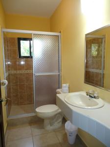 a bathroom with a shower and a toilet and a sink at Hotel Las Hamacas in La Ceiba