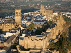 una vista aérea de una ciudad con un castillo en Alojamiento Teja, en Arcos de la Frontera