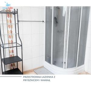 La salle de bains est pourvue d'une douche avec une porte en verre. dans l'établissement Agroturystyka Włochate Ranczo, 