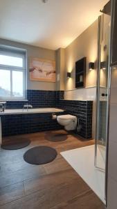ein Bad mit einem WC, einem Waschbecken und einer Dusche in der Unterkunft Monteurswohnung Roßwein - Zentral - Küche in Roßwein