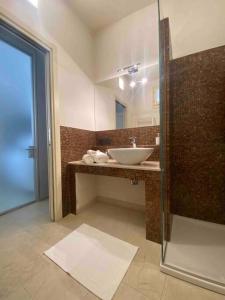 La salle de bains est pourvue d'un lavabo et d'une douche en verre. dans l'établissement Al centro tra Modena e Bologna, à Castelfranco Emilia