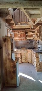 cocina con armarios de madera y nevera en Le petit grenier en Saint-Bonnet-en-Champsaur