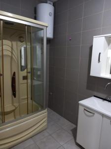 W łazience znajduje się szklana kabina prysznicowa i umywalka. w obiekcie Arthur 3 w mieście Brczko