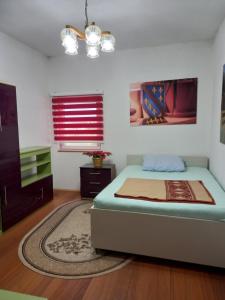 een slaapkamer met een bed, een raam en een tapijt bij Arthur 3 in Brčko