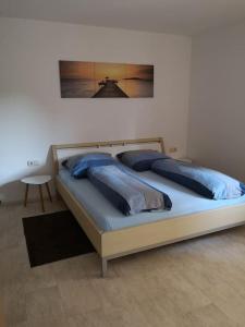 a bed with blue pillows on it in a room at Ruhige Ferienwohnung in der Rhöner Natur in Schönau an der Brend