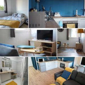 a collage of photos of a kitchen and a living room at Petit appartement cosy à Troyes in Troyes