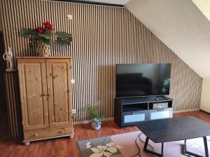 a living room with a television and a wooden wall at Ferienwohnung am Zweitälerweg in Weiskirchen +20 photos