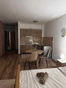 a bedroom with a kitchen and a table and chairs at Apartman San in Ruma