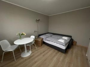 a bedroom with a bed and a table and chairs at Studio Prosek in Prague