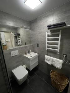 a bathroom with a toilet and a sink and a mirror at Studio Prosek in Prague