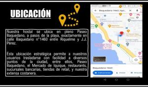 Captura de pantalla de una página web con un mapa en HOSTAL BAQUEDANO IQUIQUE en Iquique