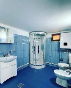 a blue bathroom with a shower and two toilets at Sunset By The Farm in Piatra Neamţ