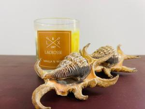 a candle and a wooden starfish next to a glass at Happy House Nungwi in Nungwi
