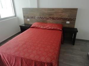 a bedroom with a red bed with a wooden headboard at HOTEL QUINTERO in Teapa +9 photos
