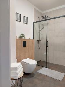 a bathroom with a toilet and a glass shower at La Casa in Piotrków Trybunalski