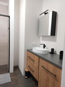 a bathroom with a sink and a mirror at La Casa in Piotrków Trybunalski