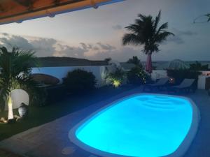 a swimming pool in a backyard at night at VILLA PELICAN in Oyster Pond