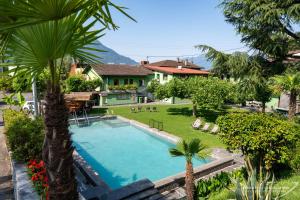 - une vue aérienne sur une maison avec une piscine et des palmiers dans l'établissement Bamboohouse Motel Riazzino, à Riazzino