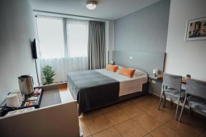 Sobe Rooms Nataly في سيجانا: غرفة فندقية بسرير وطاولة وكراسي