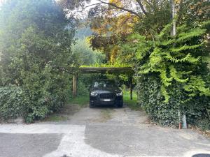 une voiture garée sur un chemin de terre à côté des arbres dans l'établissement Cozy apartment in the green, à Locarno