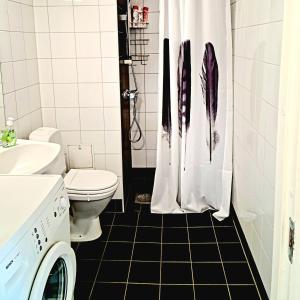 a bathroom with a toilet and a washing machine at Modern central apartment next to beautiful nature2424 in Oslo