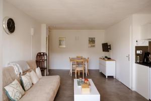 ein Wohnzimmer mit einem Sofa und einem Tisch in der Unterkunft studio meublé vue exceptionnelle in Les Baux-de-Provence