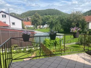 einen Balkon mit zwei Topfpflanzen auf einem Zaun in der Unterkunft Monteurzimmer/ Ferienwohnung Kati in Albstadt