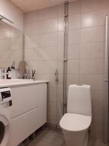 e bagno con servizi igienici, lavandino e doccia. di Ann's terraced house with sauna a Vantaa