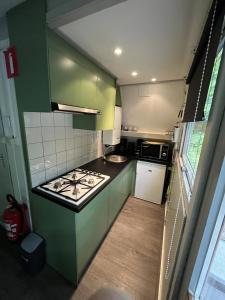 cocina pequeña con armarios verdes y fogones en Chalet 177 Durbuy en Durbuy