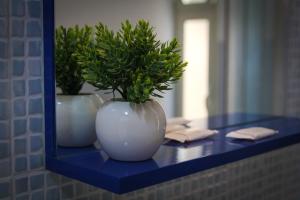 a blue counter with a white vase with a plant in it at A due passi dal centro in Noto