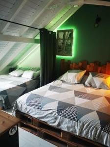 2 camas en una habitación con una pared verde en VILLA PELICAN, en Oyster Pond
