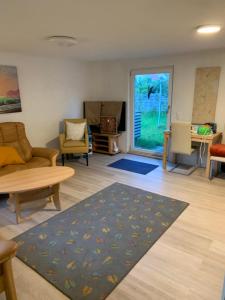ein Wohnzimmer mit einem Sofa, Stühlen und einem Teppich in der Unterkunft Ferienhaus in Lassan vor Usedom in Lassan