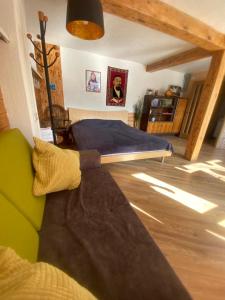 sypialnia z łóżkiem i kanapą w pokoju w obiekcie Dobri Dom w mieście Ałma-Ata