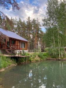 a log cabin next to a river with trees at Forest and Lake in Borovoye
