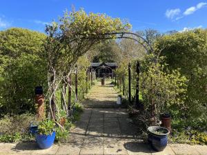 an archway with potted plants in a garden at The Courtyard in Newmarket