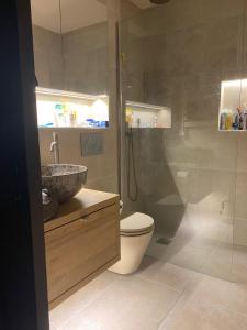 a bathroom with a shower and a toilet and a sink at South Chelsea Room London in London