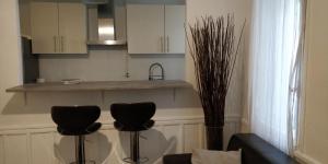een keuken met twee zwarte stoelen en een aanrecht bij Nice and cozy 1b apartment in the heart of Paris in Parijs