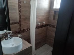 uma casa de banho com um lavatório e um chuveiro em HOTEL QUINTERO em Teapa