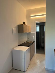 eine Küche mit einem weißen Kühlschrank und einer Spüle in der Unterkunft Krinides Place in Nerotriviá
