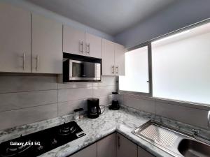 a kitchen with a sink and a microwave at Casa Coral in San Isidro de El General