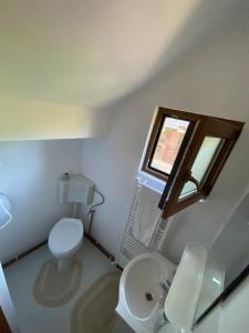 a white bathroom with a toilet and a sink at Pensiunea Agroturistica Casa Tarta 
