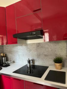 eine Küche mit roten Schränken und einem schwarzen Waschbecken in der Unterkunft Apartment Lake Varese - Lago di Varese - in Lomnago