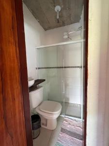 a small bathroom with a toilet and a shower at Casa Cambuí Hospedagem Rural in São José do Rio Preto